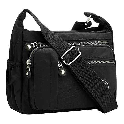 Womens Multi Pocket Casual Cross Body Bag Travel Bag Messenger Handbag for Shopping Hiking Daily Use (Black)(Size: One Size)