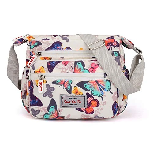 Womens Multi-Pocket Casual Crossbody Handbags Waterproof Flowral Printed Shoulder Nylon Bags Travel Messenger Bags (Butterfly-White)