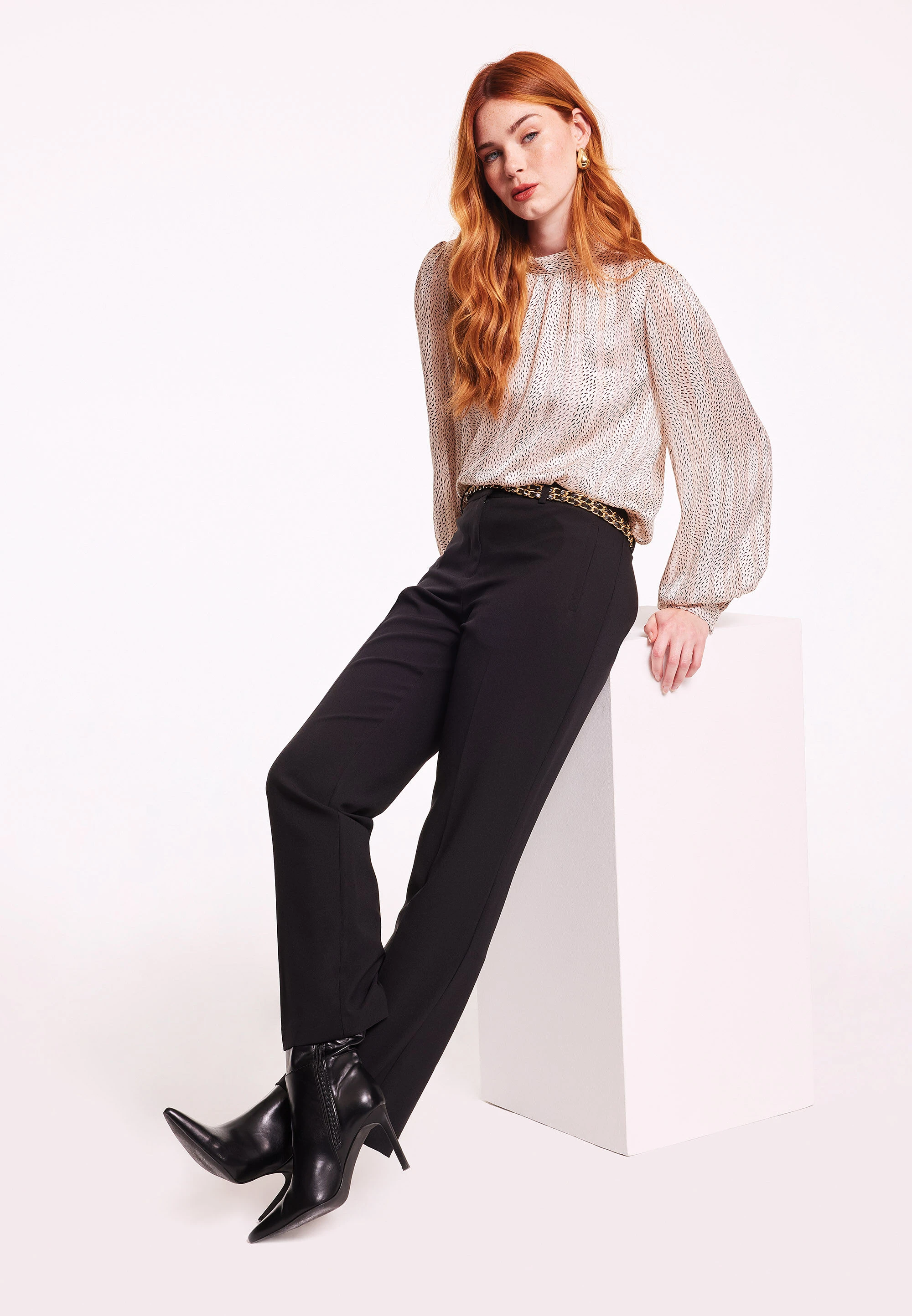 Womens Natural Animal Print Jacquard Blouse