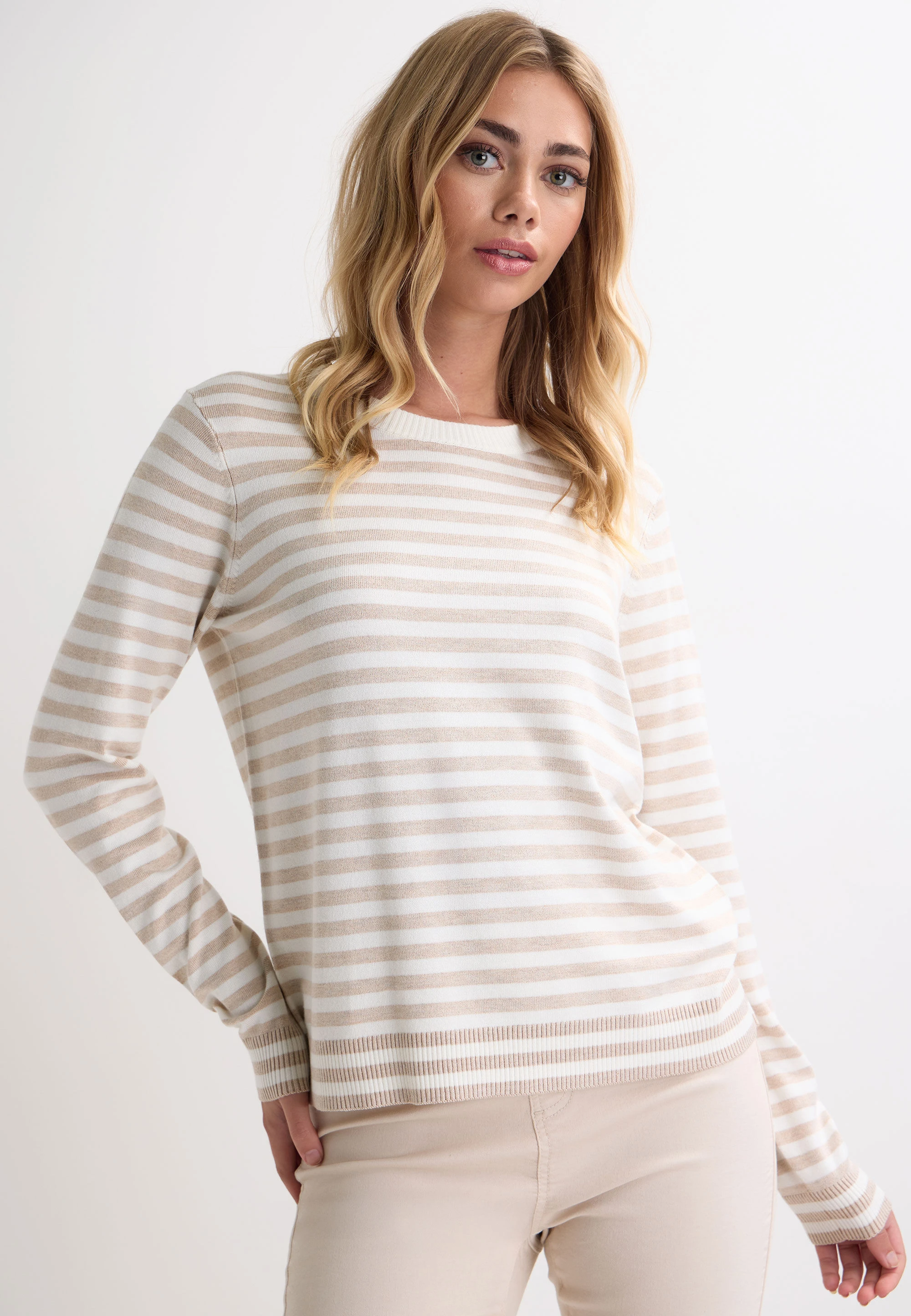Womens Natural & Cream Stripe Crew Neck Jumper