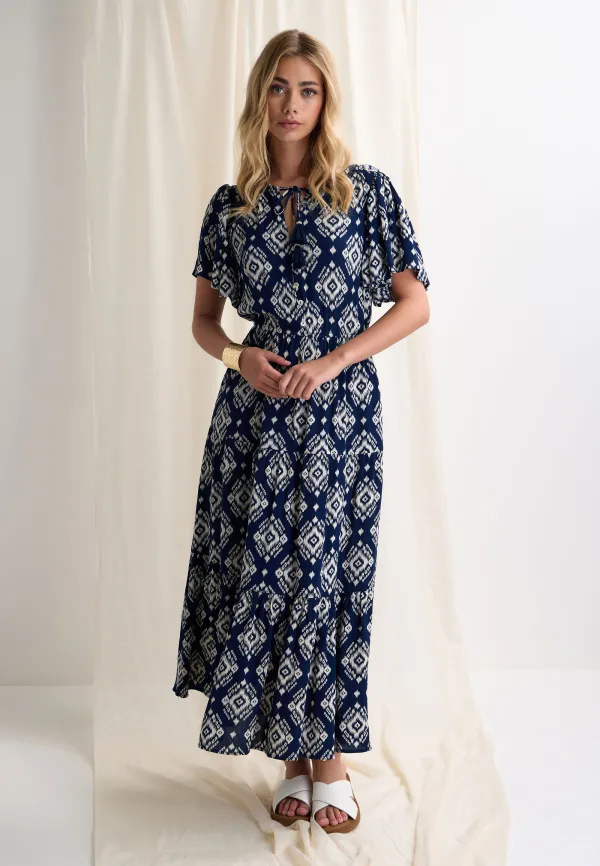 Womens Navy Aztec Print Flutter Sleeve Midi Dress