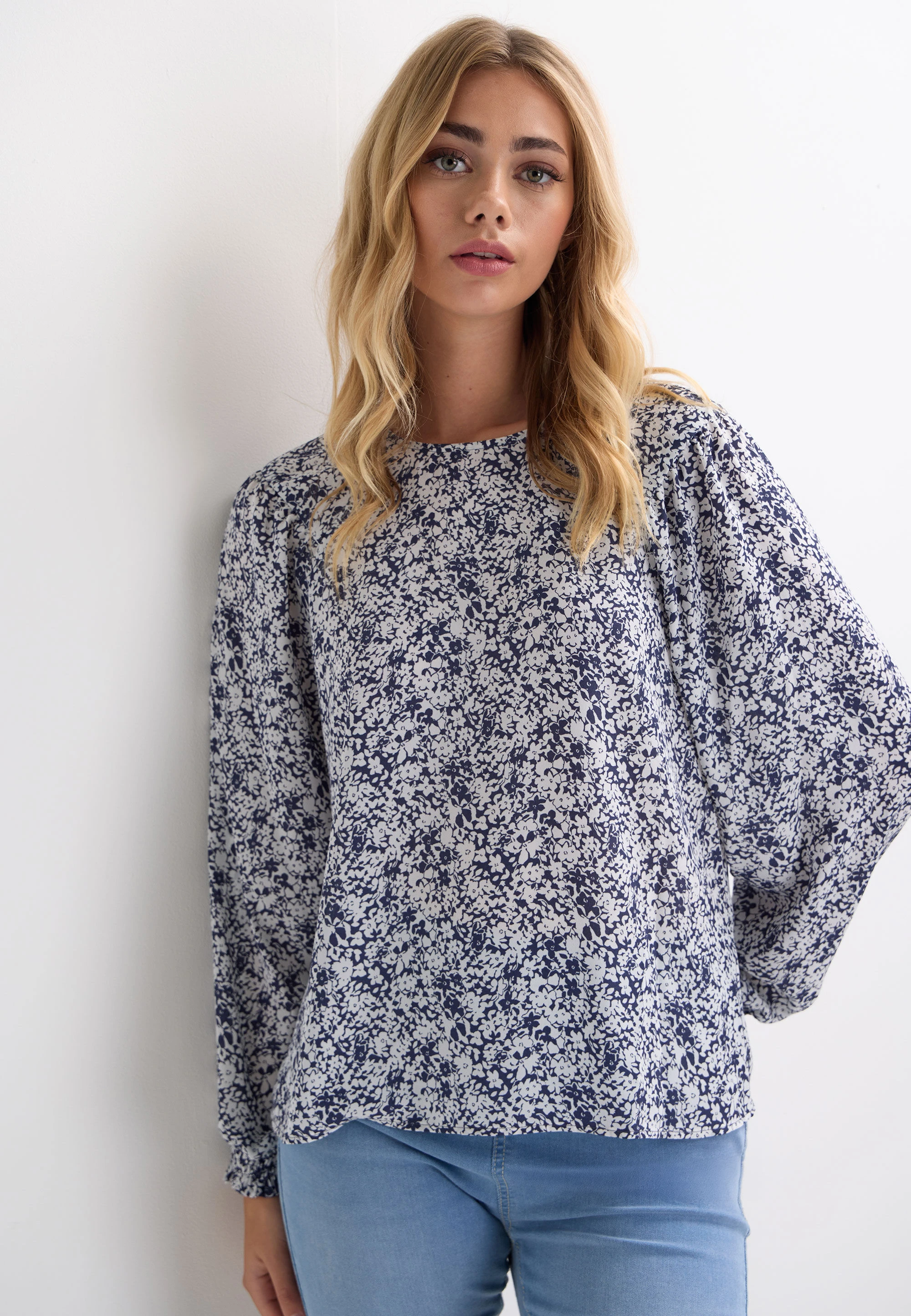 Womens Navy Ditsy Floral Long Sleeve Top
