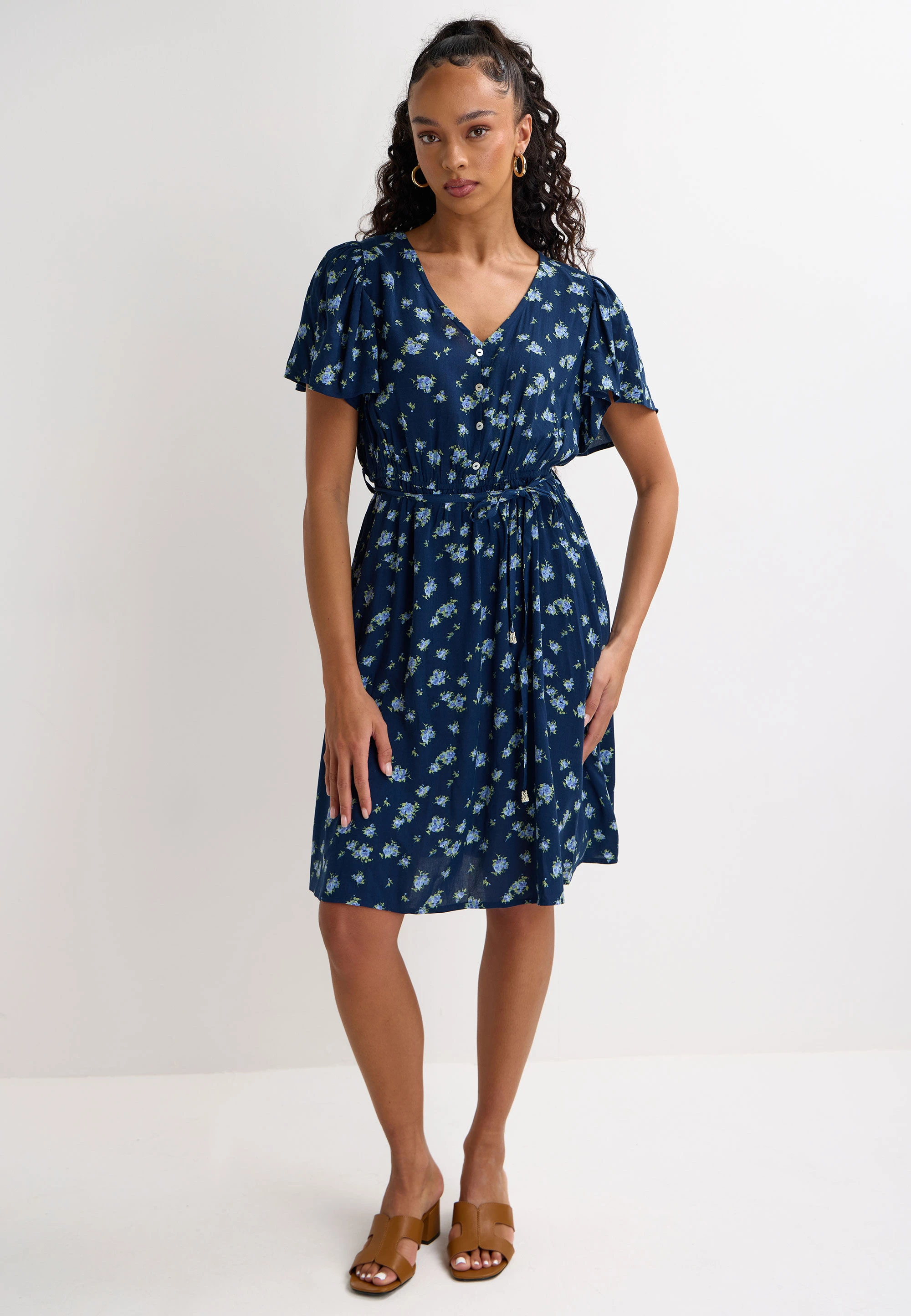 Womens Navy Ditsy Print Flutter Sleeve Mini Dress