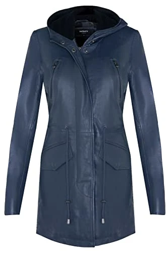 Women's Navy Leather Hooded Parker Jacket Multi-Pocket Trench Coat L