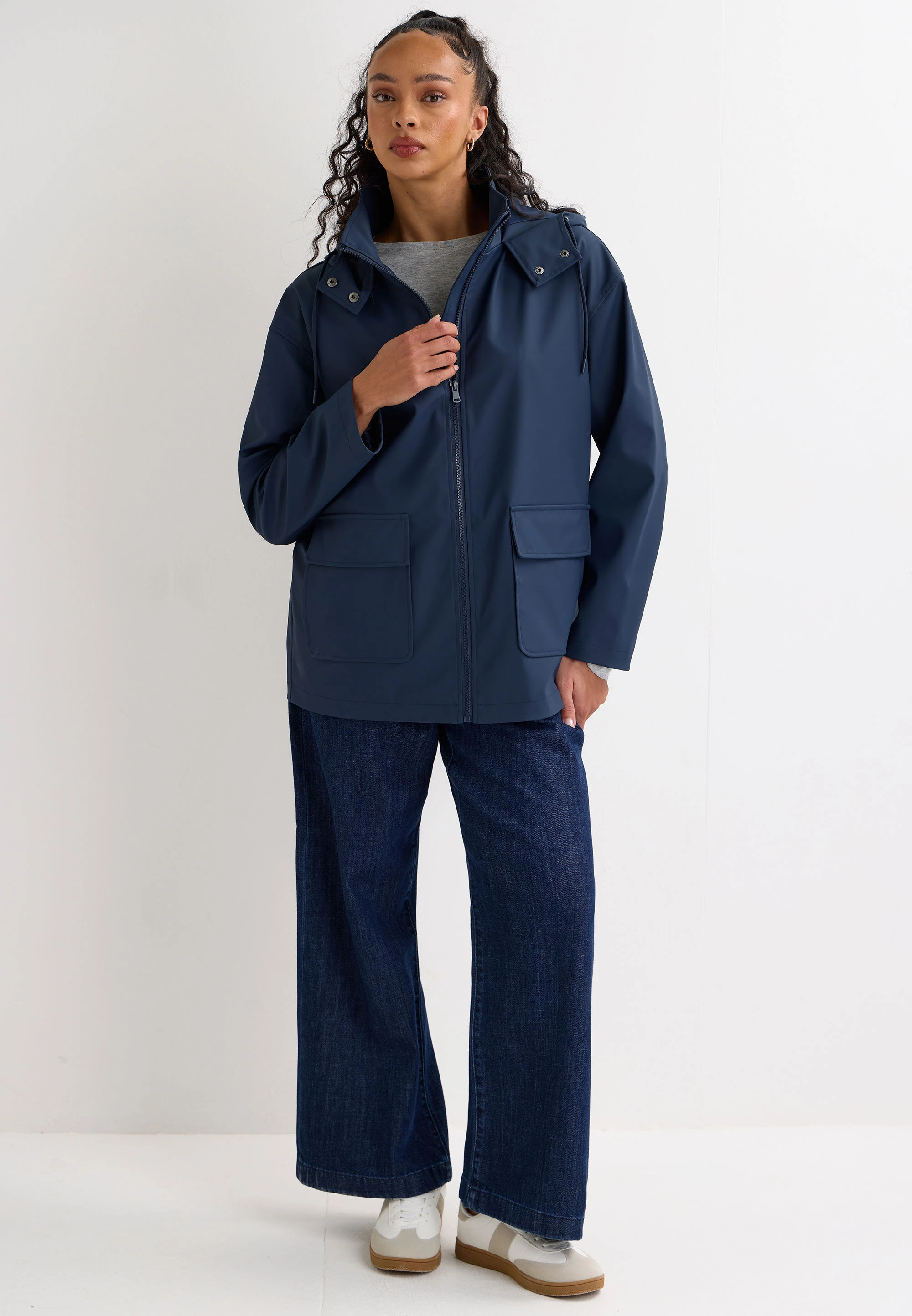 Womens Navy Rubber Patch Pocket Coat
