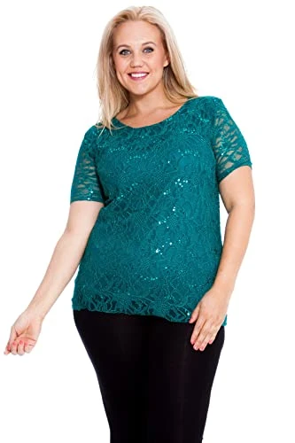 Womens New Floral Lace Sequin Ladies Scoop Neck Short Sleeve T-Shirt Party Top Plus Size (12-14, Jad