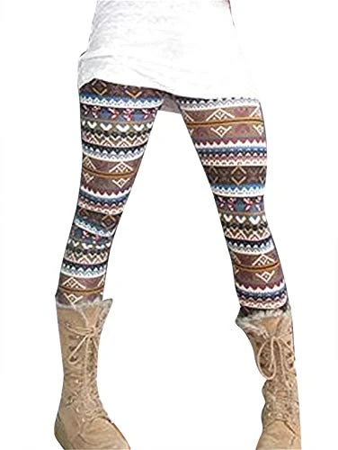 Women's New Geometrical Printed Color Block Colorful Striped Tight Leggings Stretchy Trousers Skinny Pants Workout Brown