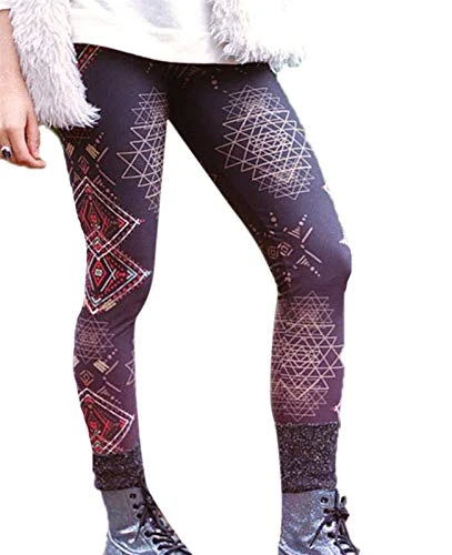 Women's New Geometrical Printed Gothic Color Block Tight Leggings Stretchy Trousers Skinny Pants Workout Brown