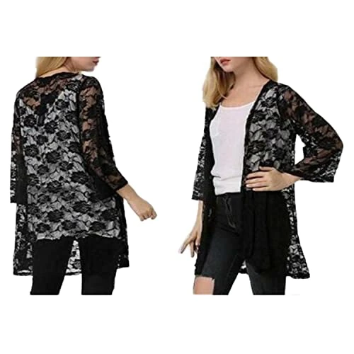Women’s New Lace Flower Loose Batwing Kimono Cardigan - Ladies Fancy Party Wear - Sexy Bikini Cover - Open Front & Short Sleeves (as8, numeric, numeric_14, numeric_16, regular, regular)