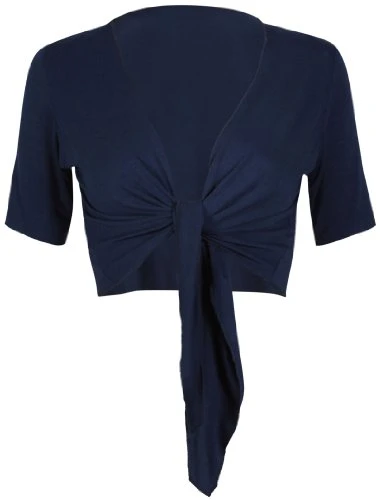 Womens New Plain Front Adjustable Tie Ladies Short Sleeves Bolero Top Cropped Cardigan Shrug Navy Bl