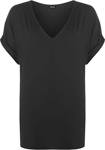 Women's New Plus Size Womens Short Turn Up Sleeve Baggy Plain Top Ladies V-Neck T-Shirt - Black - 20-22