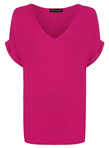 Women's New Plus Size Womens Short Turn Up Sleeve Baggy Plain Top Ladies V-Neck T-Shirt ((XX/L) 20-22, Cerise)