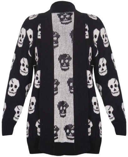 Womens New Skull Printed Ladies Long Sleeves Knitted Ribbed Edge Trim Front Open Cardigan Top Plus S