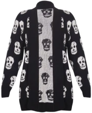 Womens New Skull Printed Ladies Long Sleeves Knitted Ribbed Edge Trim Front Open Cardigan Top Plus S