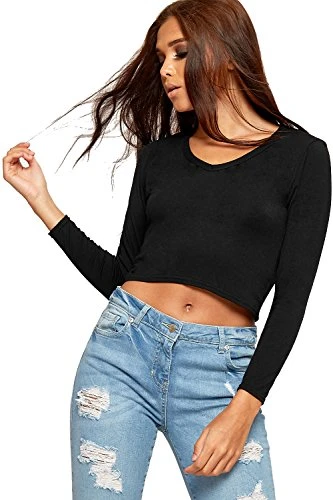 Women's New Womens Soft Stretch Short Plain V Neck Long Sleeve T-Shirt Ladies Crop Top - Black - 12-14