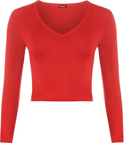 Women's New Womens Soft Stretch Short Plain V Neck Long Sleeve T-Shirt Ladies Crop Top - Red - 8-10