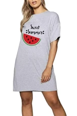 Womens Nightdress Short Sleeve Oversized Casual Loose Baggy Nightwear Sleepwear Tunic T-Shirt Dress Sweet Summer Grey (Black Print) Plus Size (UK 16/18)