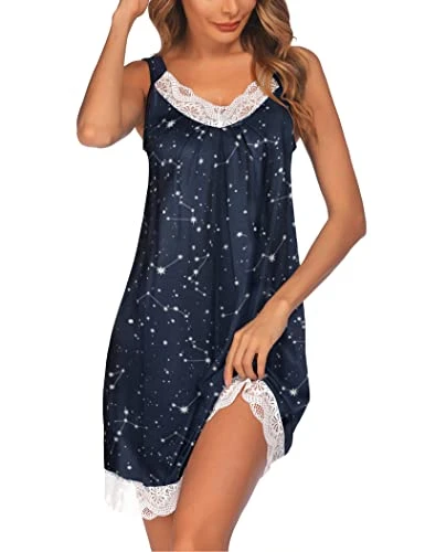 Women's Nightgown V-neck Chemise Sleepwear Lace Nightwear Soft Lingerie for Women Stars on navy XXL