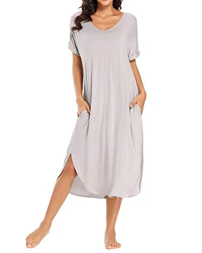 Women's Nightgown V Neck Rayon Sleepwear Short Sleeve Nightdress with Pockets Casual Loungewear Sexy Full Length Sleep Shirt Maxi Dress Oversized