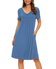 Womens Nightgown V Neck Sleepwear Short Sleeve Casual Nightshirt Pleated Sleep Shirt Dress with Pockets,Blue,16 18 Womens Nightgown V Neck Sleepwear Short Sleeve Casual Nightshirt Pleated Sleep Shirt Dress with Pockets,Blue,16 18