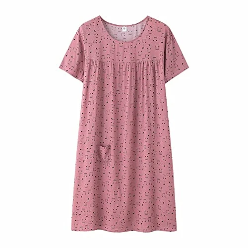 Women's Nightgowns，Round Neck Print Plus Size Nightdresses Loose Fitting Home Wear Sleepwear，Middle Aged Elderly Short Sleeve Sleep Dress Soft Long Nightwear Pink