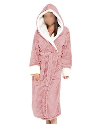 Women's Nightwear Robes Fluffy Hooded Dressing Gown Flannel Fleece Ladies Dressing Gowns Warm and Cosy Pink S