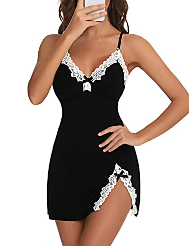 Women's Nightwear Sexy Chemise Nightgowns Plus Size Lace Babydoll Lingerie V-Neck Full Slip Nightdress for Women Black XL