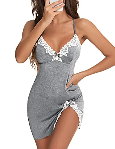 Women's Nightwear Sexy Chemise Nightgowns Plus Size Lace Babydoll Lingerie V-Neck Full Slip Nightdress for Women Deep Grey S