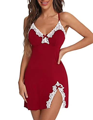 Women's Nightwear Sexy Chemise Nightgowns Plus Size Lace Babydoll Lingerie V-Neck Full Slip Nightdress for Women Wine Red XXL