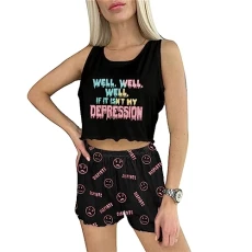 Women's Nightwear Soft Sports Pajamas Round Neck Vest Shorts Ladies Loungewear Skin-Friendly Three-Dimensional Cut Women's Sleepwear Set (Can Be Worn Outside)