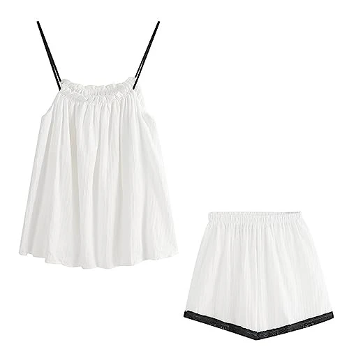 Women's Nightwear Summer Pajama Suspender Shorts Two-Piece Set Loungewear Set Fashion Soft Women's Sleepwear Set White