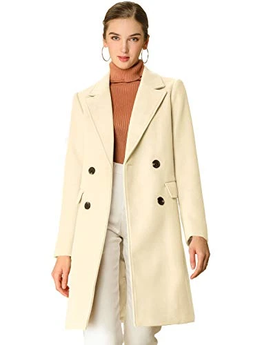 Women's Notch Lapel Double Breasted Belted Mid Long Outwear Winter Coat, Cream, L