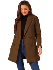 Women's Notch Lapel Double Breasted Belted Mid Long Outwear Winter Coat Deep Brown M