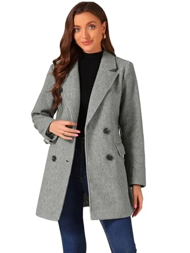 Women's Notch Lapel Double Breasted Belted Mid Long Outwear Winter Coat, Grey, L