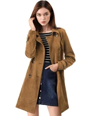 Women's Notched Lapel Double Breasted Faux Suede Trench Coat Jacket with Belt Brown M