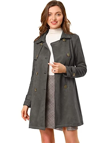 Women's Notched Lapel Double Breasted Faux Suede Trench Coat Jacket with Belt Dark Gray XL