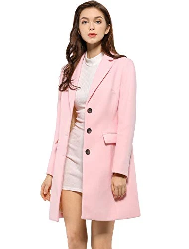 Women's Notched Lapel Single Breasted Outwear Winter Coat Pink L