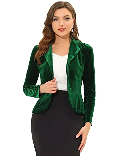 Women's Notched Lapel Suit Jacket Long Sleeve Office Business Velvet Blazer Dark Green 8