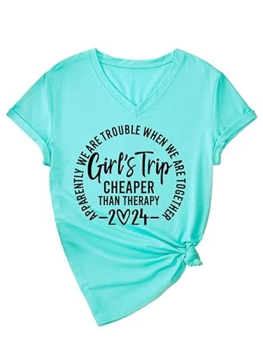 Women's Novelty T-Shirts Casual V-Neck Summer Tops Girl's Trip Cheaper Than Therapy 2024 Letter T-Shirt Cotton Tees Blouse