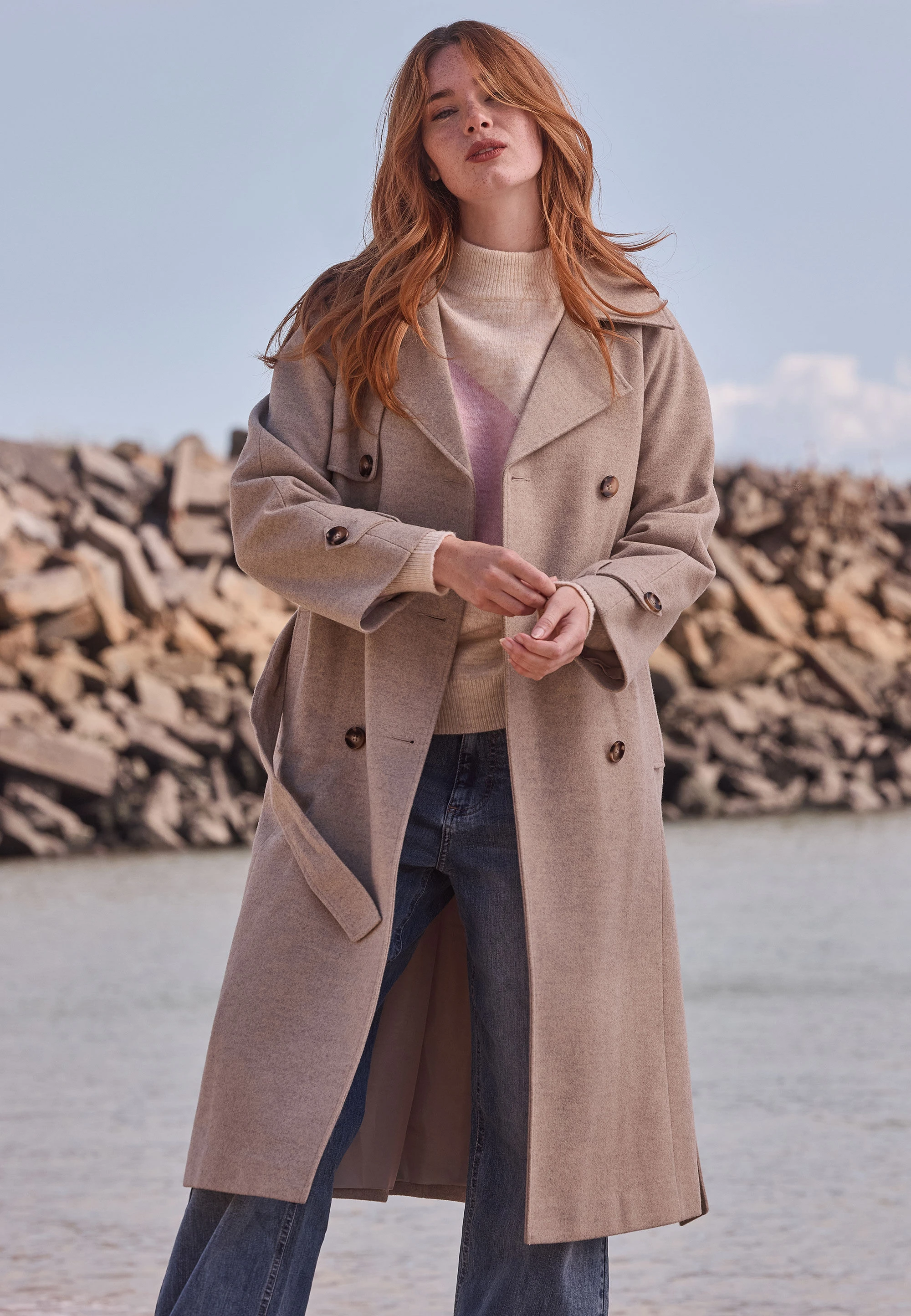 Womens Oatmeal Button Wrap Belted Coat