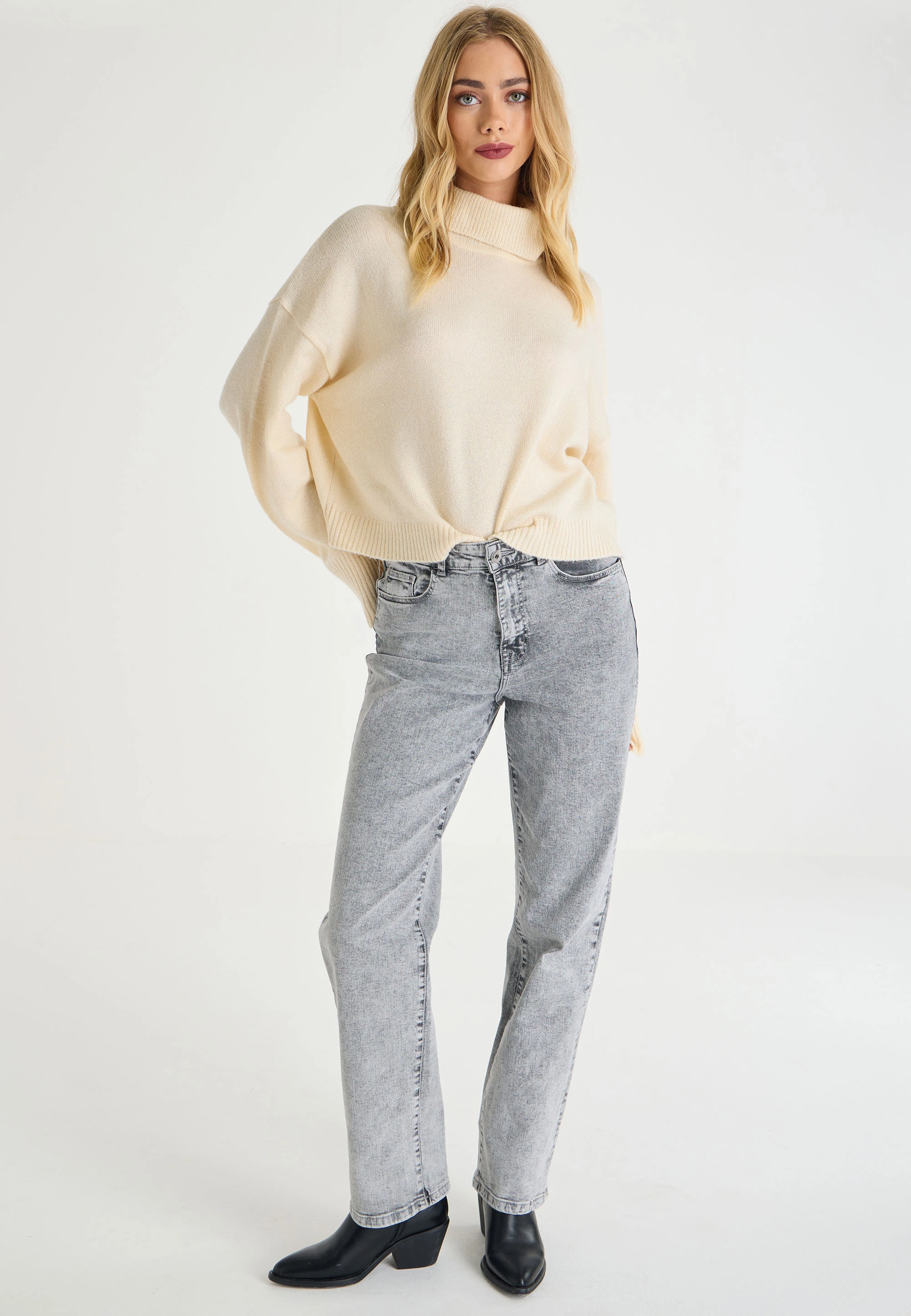 Womens Oatmeal Roll Neck Knitted Jumper