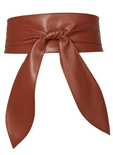 Women's Obi Belt PU Leather Self Tie Wrap Cinch Belt for Dresses Fashion Clothing Accessories Coffee S-M