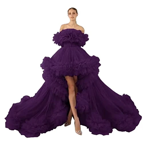 Women’s Off Shoulder Prom Gowns Long High Low Tulle A-line Evening Dresses Train Formal Party Gown