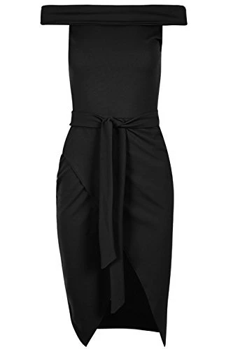 Womens Off Shoulder Sleeveless Wrap Over Bardot Bodycon Belted Midi Dress Black