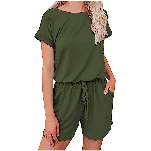 Women's One Piece Jumpsuit Casual Short Sleeve All In One Playsuit Baggy Cotton Drawstring Shorts Ro