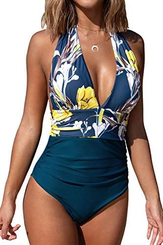 Women's One Piece Swimsuit Halter Tummy Control Beach Swimwear Bathing Suit Swimming Costume Yellow Floral M