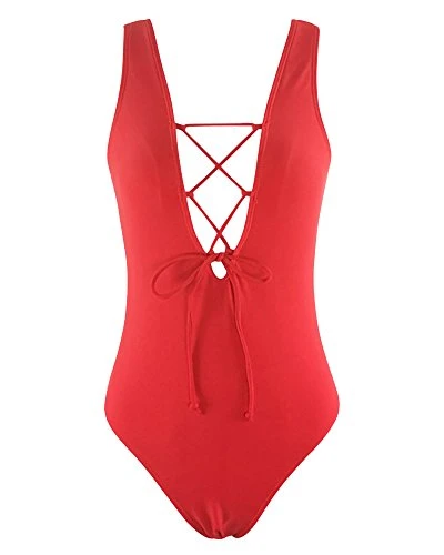 Womens One Piece Swimsuit Monokini Bikini Slim Lace Up Hollow Swimwear Plus Size Swimming Costume Red XL