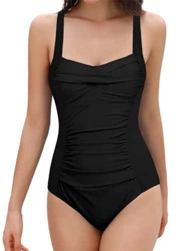 Women's One Piece Swimsuit Square Neck Twist Front Swimming Costume Padded Ruched Tummy Control Beac