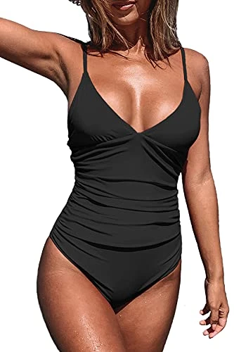 Women's One Piece Swimsuit Triangle Low Back Beach Swimwear Tummy Control Bathing Suit Swimming Costume Black, L