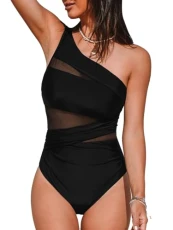 Women's One Piece Swimsuit Tummy Control Swimming Costume Ruched Asymmetric Neck One Shoulder Strap Mesh Swimwear Black M